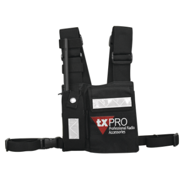 PECHERA UNIVERSAL TXPRO CPP-TXP, con soporte para radio, sostén de bolígrafo y seguridad para la bolsa con cinta adherente. Logo TX-PRO. 